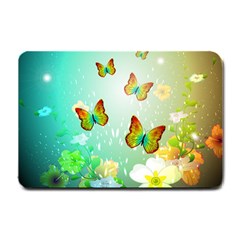 Flowers With Wonderful Butterflies Small Doormat  by FantasyWorld7