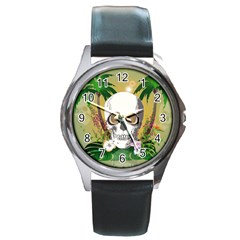 Funny Skull With Sunglasses And Palm Round Metal Watches by FantasyWorld7