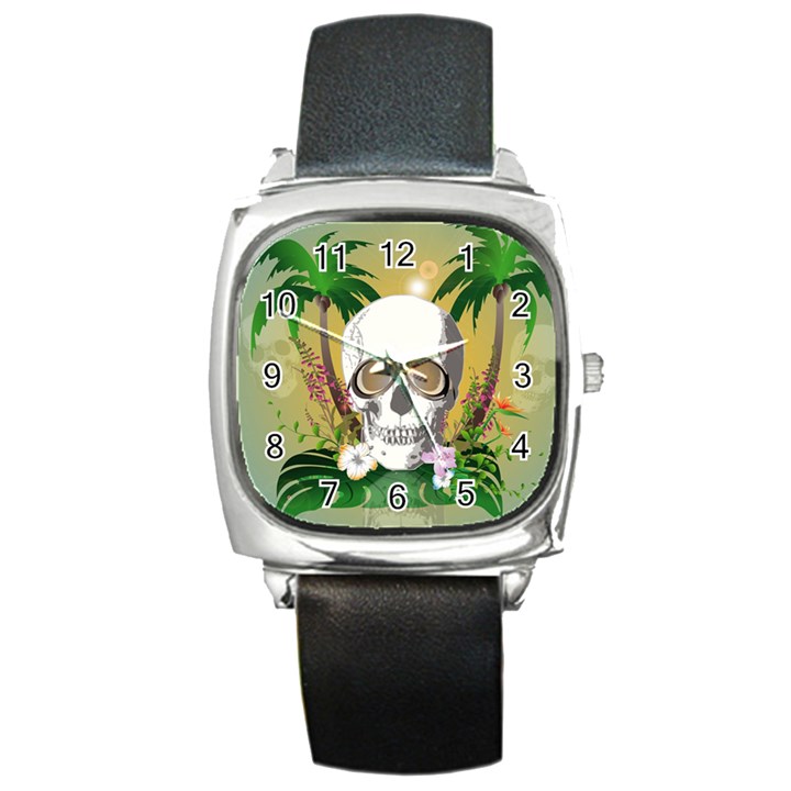 Funny Skull With Sunglasses And Palm Square Metal Watches