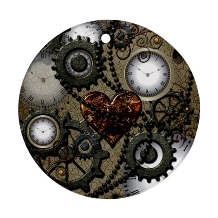 Steampunk With Clocks And Gears And Heart Round Ornament (Two Sides) 