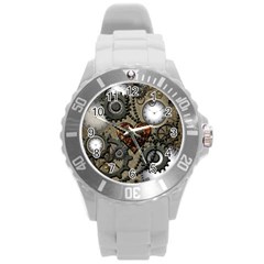 Steampunk With Clocks And Gears And Heart Round Plastic Sport Watch (l) by FantasyWorld7
