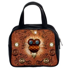 Steampunk, Funny Owl With Clicks And Gears Classic Handbags (2 Sides) by FantasyWorld7