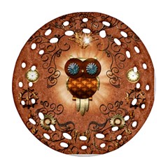 Steampunk, Funny Owl With Clicks And Gears Round Filigree Ornament (2side) by FantasyWorld7