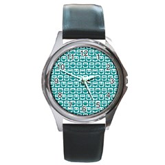 Teal And White Owl Pattern Round Metal Watches by GardenOfOphir