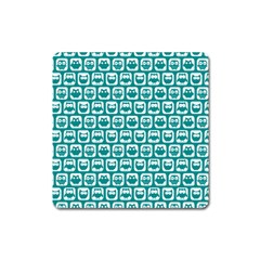 Teal And White Owl Pattern Square Magnet by GardenOfOphir