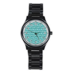 Teal And White Owl Pattern Stainless Steel Round Watches