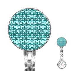 Teal And White Owl Pattern Stainless Steel Nurses Watches by GardenOfOphir