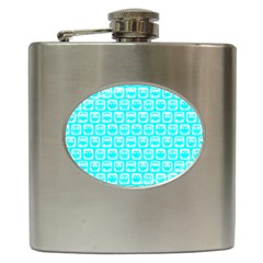 Aqua Turquoise And White Owl Pattern Hip Flask (6 Oz) by GardenOfOphir