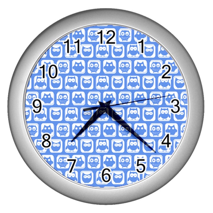 Blue And White Owl Pattern Wall Clocks (Silver) 