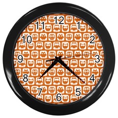 Orange And White Owl Pattern Wall Clocks (black) by GardenOfOphir