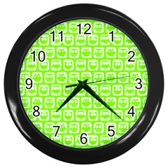 Lime Green And White Owl Pattern Wall Clocks (black) by GardenOfOphir