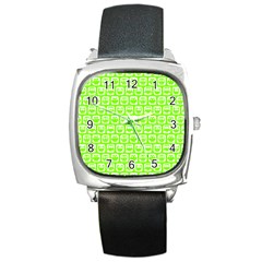 Lime Green And White Owl Pattern Square Metal Watches by GardenOfOphir