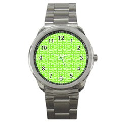 Lime Green And White Owl Pattern Sport Metal Watches by GardenOfOphir