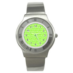 Lime Green And White Owl Pattern Stainless Steel Watches by GardenOfOphir