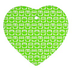 Lime Green And White Owl Pattern Heart Ornament (2 Sides) by GardenOfOphir