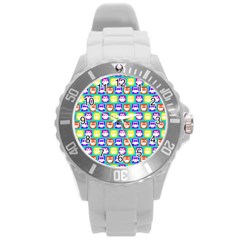 Colorful Whimsical Owl Pattern Round Plastic Sport Watch (l) by GardenOfOphir