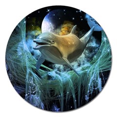 Funny Dolphin In The Universe Magnet 5  (round)