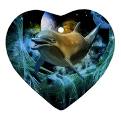 Funny Dolphin In The Universe Heart Ornament (2 Sides)