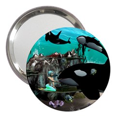 Cute Mermaid Playing With Orca 3  Handbag Mirrors by FantasyWorld7