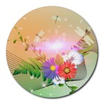 Wonderful Colorful Flowers With Dragonflies Round Mousepads Front