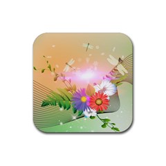 Wonderful Colorful Flowers With Dragonflies Rubber Coaster (square)  by FantasyWorld7