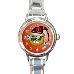 Funny Christmas Smiley With Sunglasses Round Italian Charm Watches by FantasyWorld7