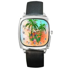 Tropical Design With Palm And Flowers Square Metal Watches by FantasyWorld7