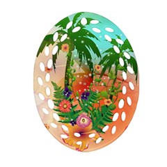 Tropical Design With Palm And Flowers Oval Filigree Ornament (2-side) 