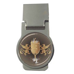 Music, Clef On A Shield With Liions And Water Splash Money Clips (round)  by FantasyWorld7