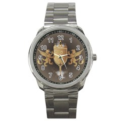 Music, Clef On A Shield With Liions And Water Splash Sport Metal Watches