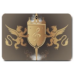 Music, Clef On A Shield With Liions And Water Splash Large Doormat  by FantasyWorld7