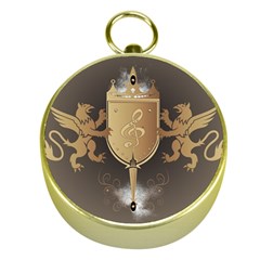 Music, Clef On A Shield With Liions And Water Splash Gold Compasses by FantasyWorld7