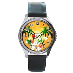 Cute Parrot With Flowers And Palm Round Metal Watches by FantasyWorld7