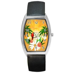 Cute Parrot With Flowers And Palm Barrel Metal Watches by FantasyWorld7