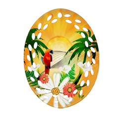 Cute Parrot With Flowers And Palm Oval Filigree Ornament (2-side) 