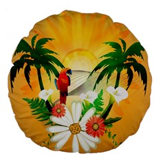 Cute Parrot With Flowers And Palm Large 18  Premium Flano Round Cushions by FantasyWorld7