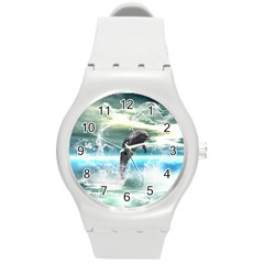 Funny Dolphin Jumping By A Heart Made Of Water Round Plastic Sport Watch (m) by FantasyWorld7