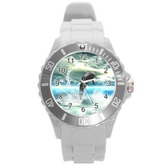 Funny Dolphin Jumping By A Heart Made Of Water Round Plastic Sport Watch (l) by FantasyWorld7