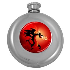 Funny, Cute Dragon With Fire Round Hip Flask (5 Oz) by FantasyWorld7