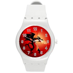 Funny, Cute Dragon With Fire Round Plastic Sport Watch (m) by FantasyWorld7