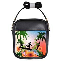 Tropical Design With Surfboarder Girls Sling Bags by FantasyWorld7