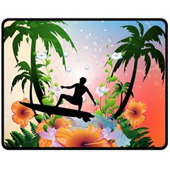 Tropical Design With Surfboarder Fleece Blanket (medium)  by FantasyWorld7