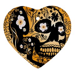 Sugar Skull In Black And Yellow Heart Ornament (2 Sides) by FantasyWorld7