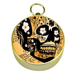 Sugar Skull In Black And Yellow Gold Compasses