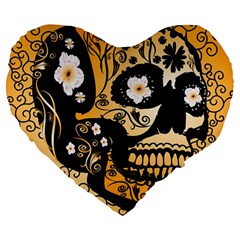 Sugar Skull In Black And Yellow Large 19  Premium Flano Heart Shape Cushions