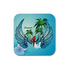 Summer Design With Cute Parrot And Palms Rubber Square Coaster (4 Pack) 