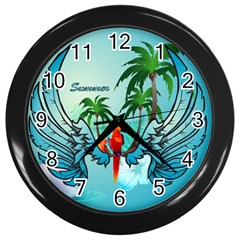 Summer Design With Cute Parrot And Palms Wall Clocks (black)