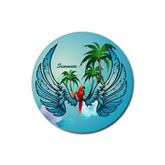 Summer Design With Cute Parrot And Palms Rubber Round Coaster (4 Pack) 