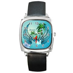 Summer Design With Cute Parrot And Palms Square Metal Watches