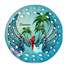 Summer Design With Cute Parrot And Palms Ornament (round Filigree) 
